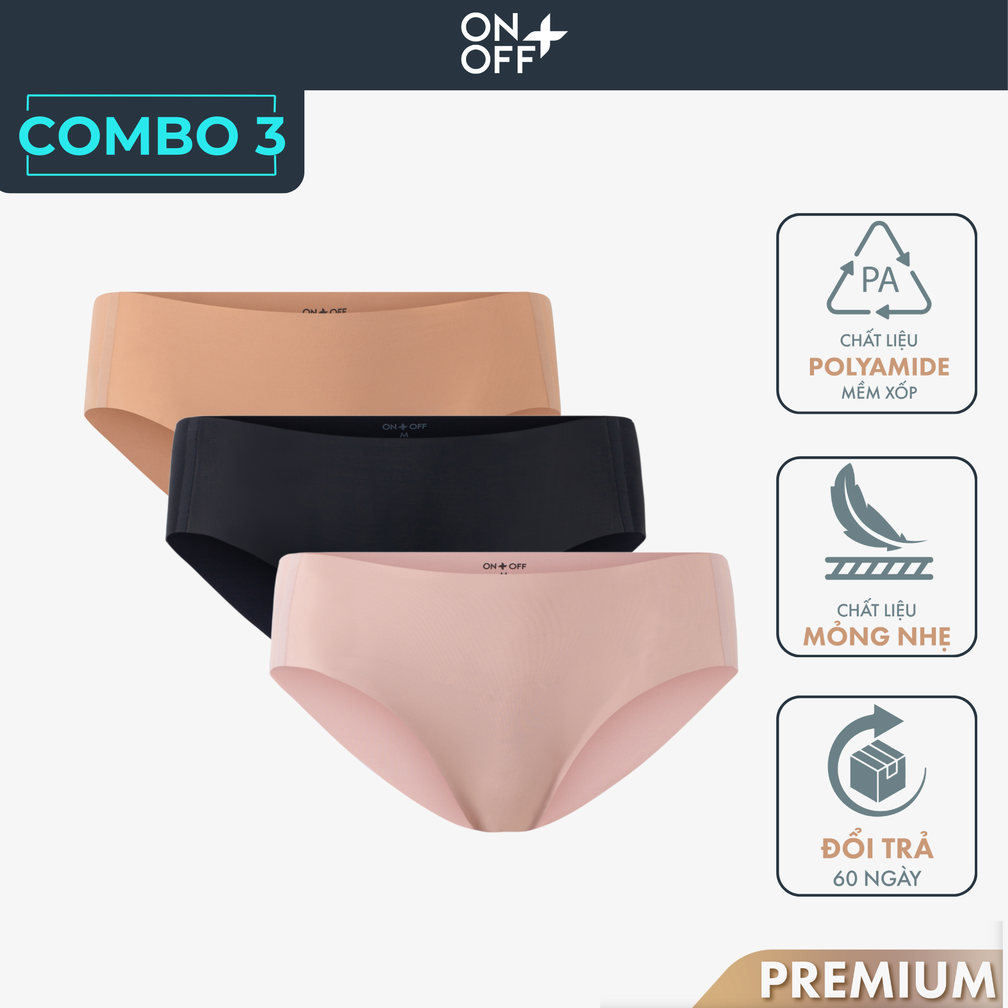 Combo 3 quần lót tàng hình nữ công nghệ boning tập yoga, tập gym, mặc đồ body ONOFF extra 16UY24A024