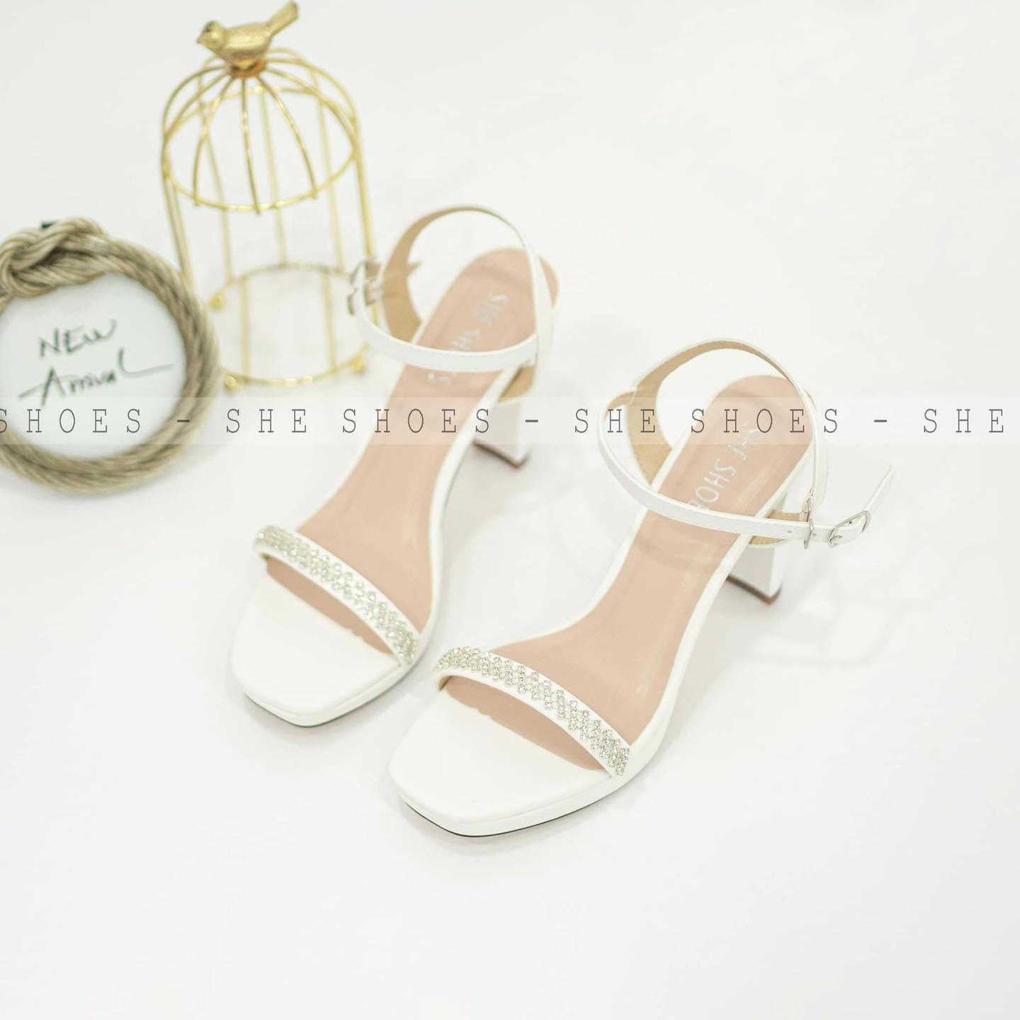 She shoes Giày cưới sandal đúp mũi gót thô đính đá