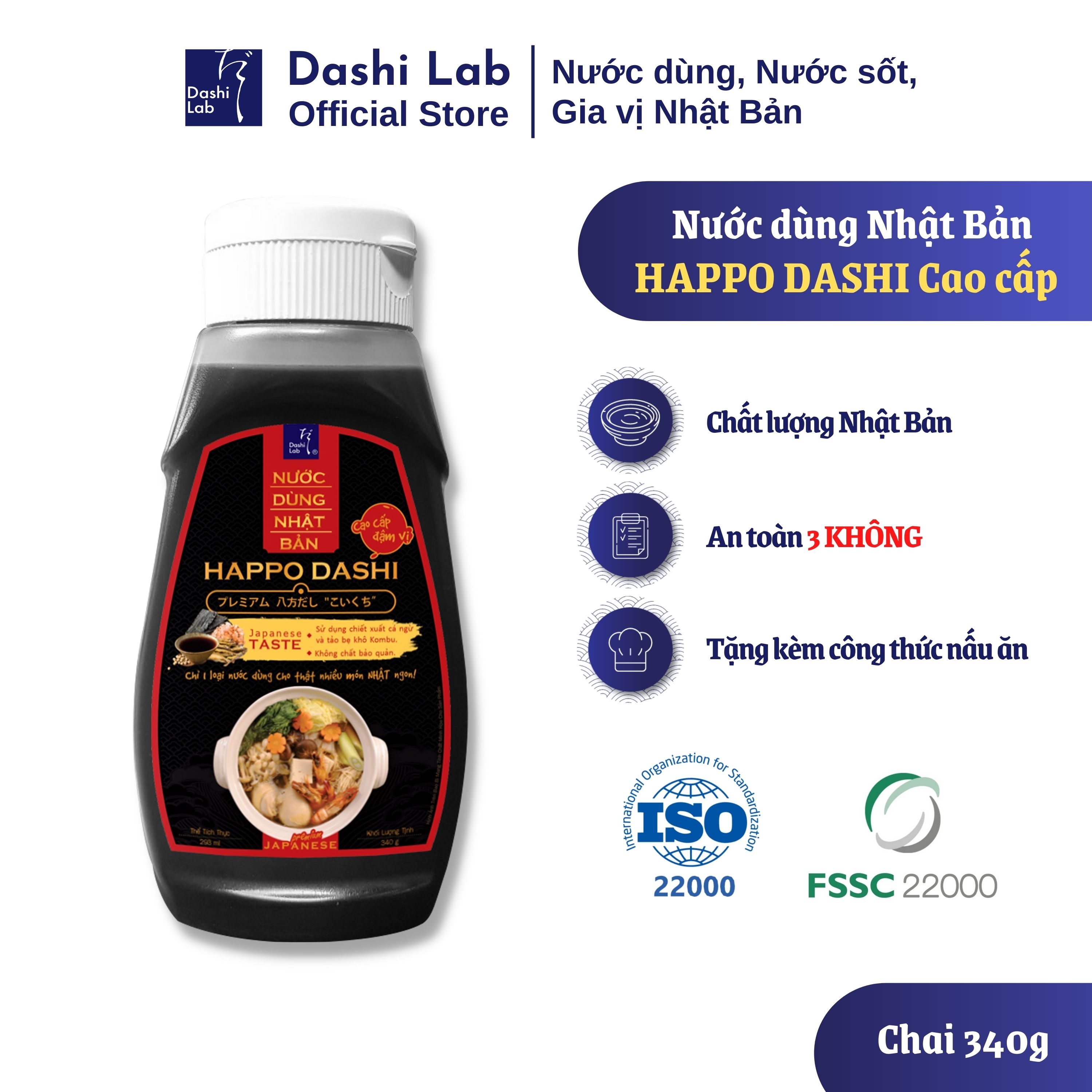 Nước dùng nhật bản happo dashi cao cấp hương vị đậm đà truyền thống chiết xuất tảo bẹ và cá ngừ dashi lab chai 340g