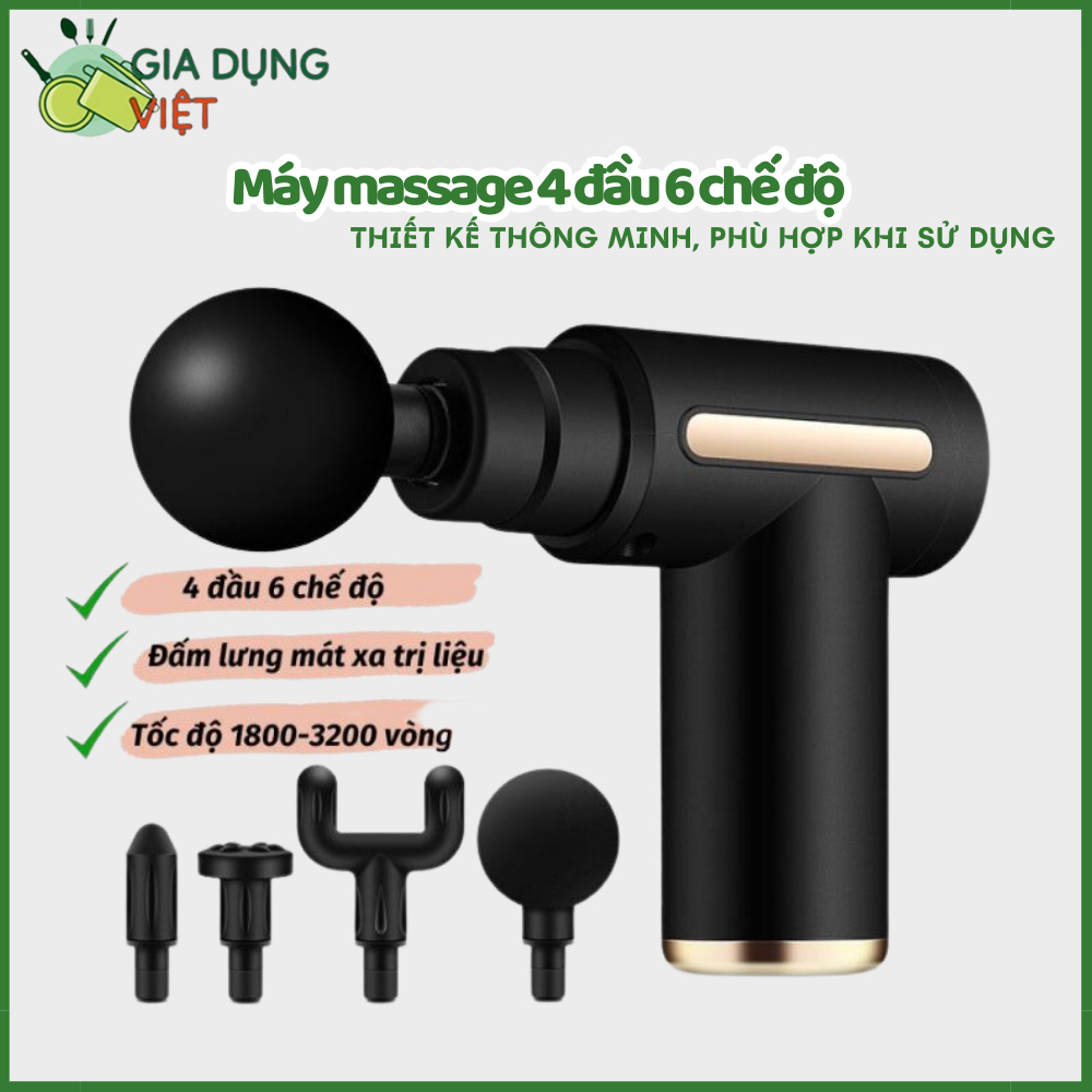 Máy massage cầm tay mini, súng massage cầm tay mini toàn thân 4 đầu 6 chế độ chuyên sâu đa năng