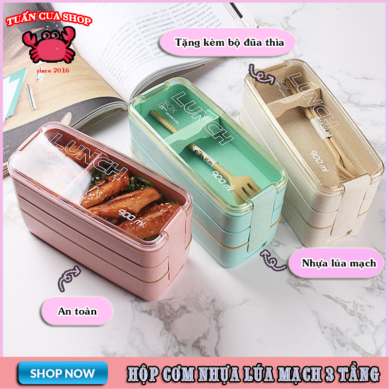 Hộp cơm lúa mạch Lunch Box 3 tầng hình chữ nhật 900ml tặng kèm dĩa, thìa cao cấp, hộp cơm văn phòng, hộp đựng cơm ăn trưa 3 tầng, nhiều màu, tuancua