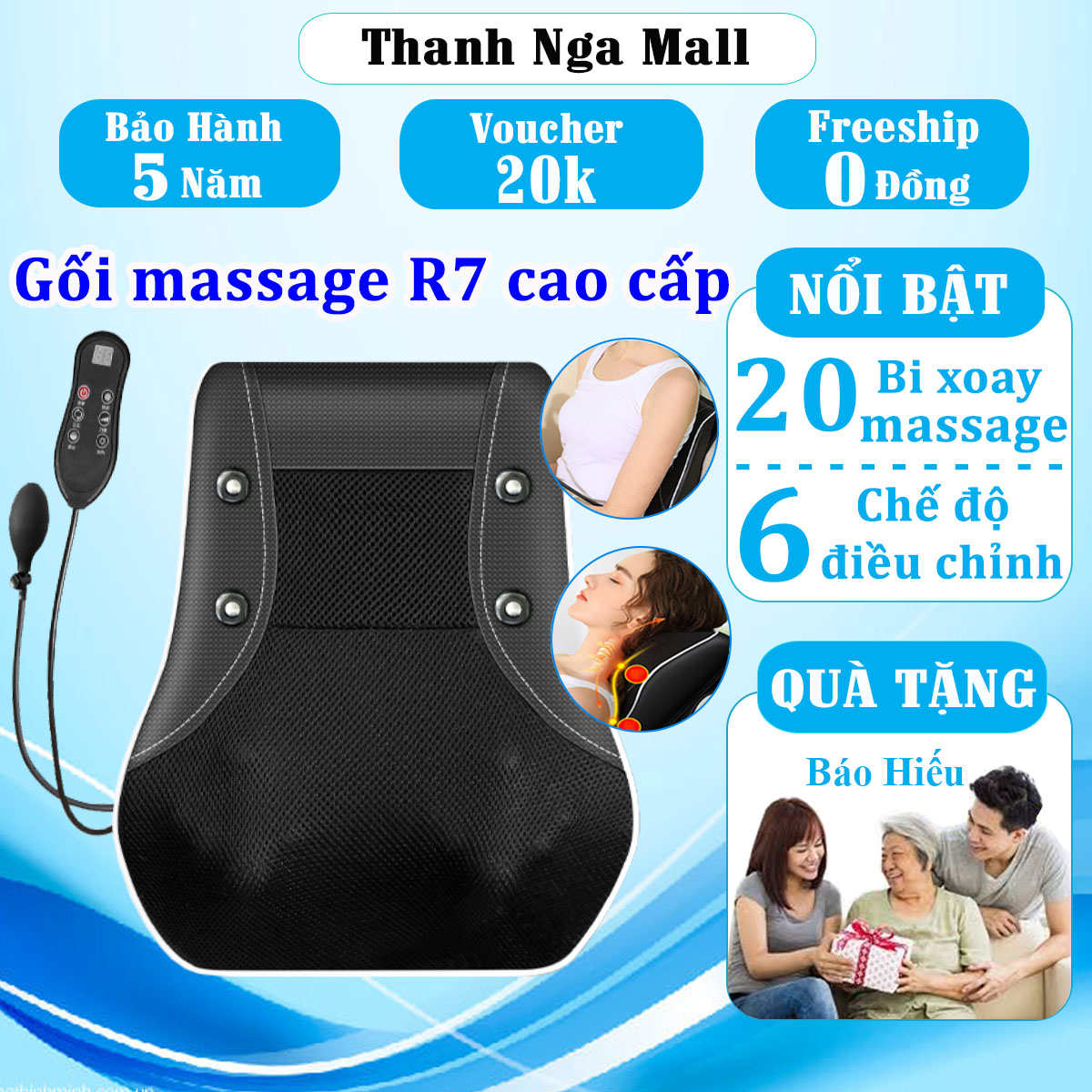 Gối massage cổ vai gáy 20 bi hồng ngoại chính hãng, máy mátxa cổ vai gáy lưng và cột sống có túi khí, gối thảo mộc, điều khiển cầm tay