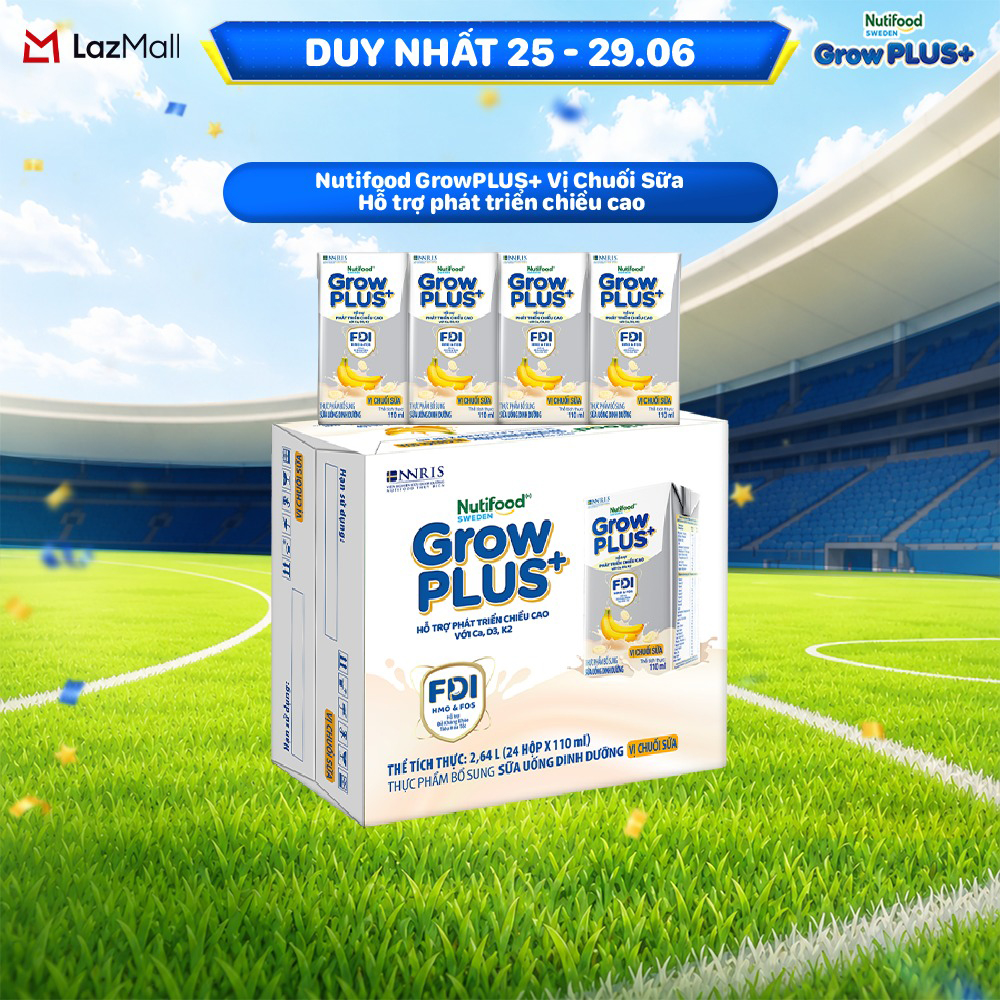 Thùng 24 hộp Sữa bột pha sẵn Nutifood Sweden GrowPLUS+ Vị Chuối Sữa hộp 110ml - Hỗ trợ phát triển chiều cao -  (24 hộp x 110ml)