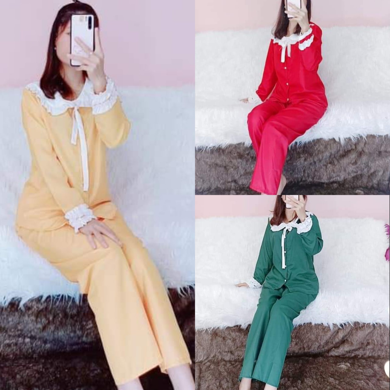 [HCM]Bộ pijama kate lụa cổ bèo thắt nơ - quần dài tay dài - ẢNH THẬT - 38 đến 58kg