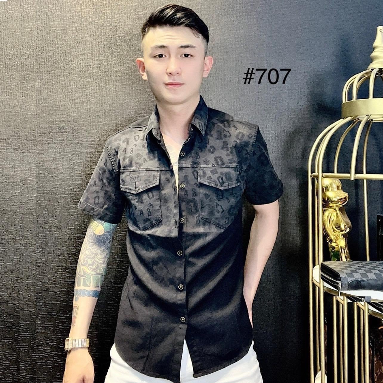 Áo sơ mi nam đũi đen tay ngắn phối in loang cao cấp DS