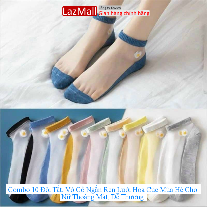 Combo 10 đôi tất, vớ cổ ngắn ren lưới hoa cúc mùa hè cho nữ thoáng mát, dễ thương