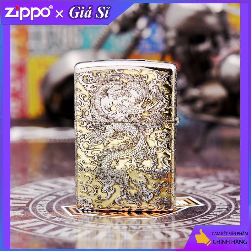 Bật lửa Zippo khắc Rồng châu Á bản tiêu chuẩn mạ Chrome