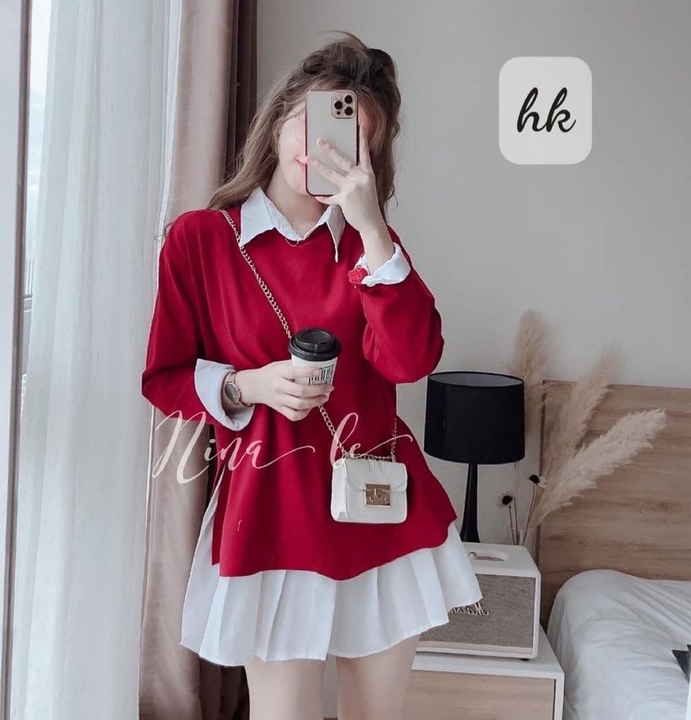 Sét đồ tết 2022 set váy sơ mi +áo gile đỏ siêu xưn l70