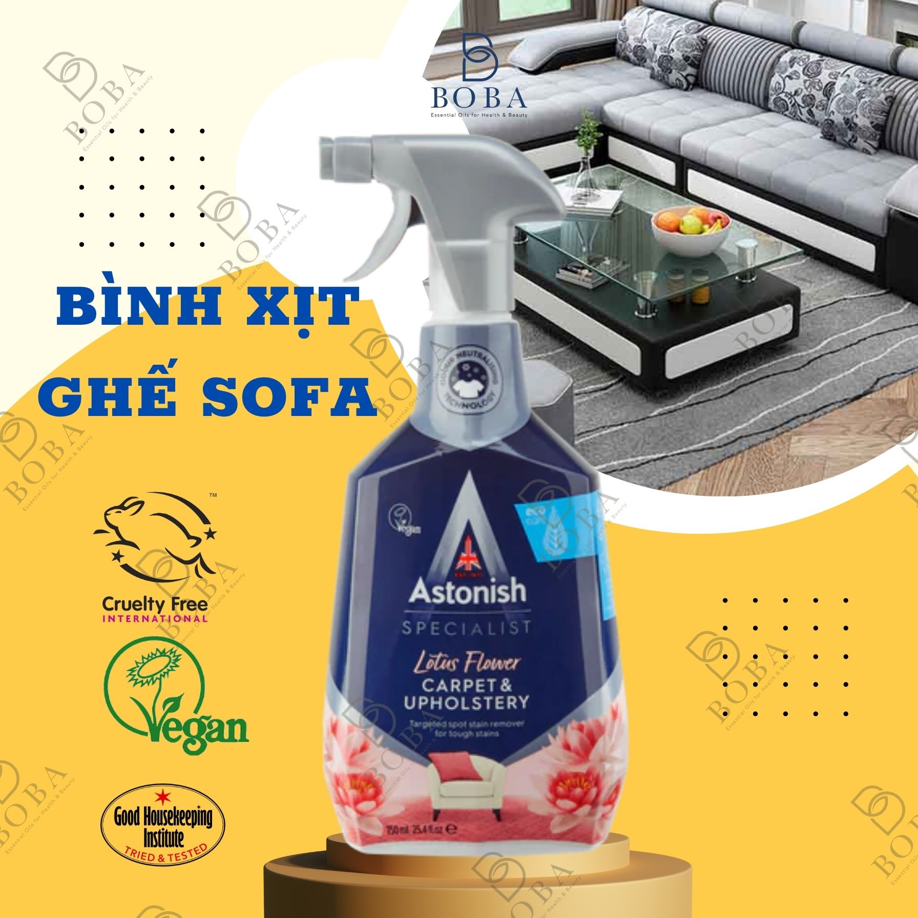 Bình xịt tẩy các vết bẩn trên bề mặt vải, nỉ, thảm, ghế sofa astonish - bobashop.vn