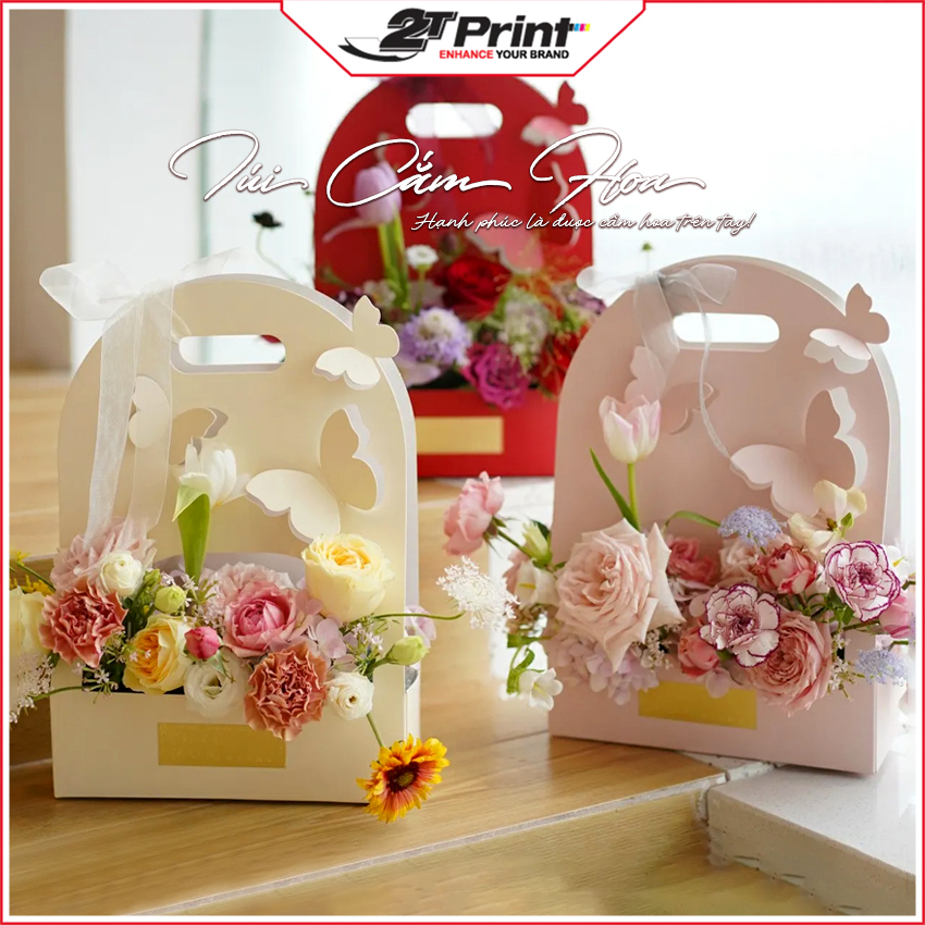 Set 5 túi giấy cắm hoa, gói hoa tươi, hoa sáp, quà tặng 8/3, màu hồng, vàng, xanh mint, họa tiết cánh bướm 3d lãng mạn