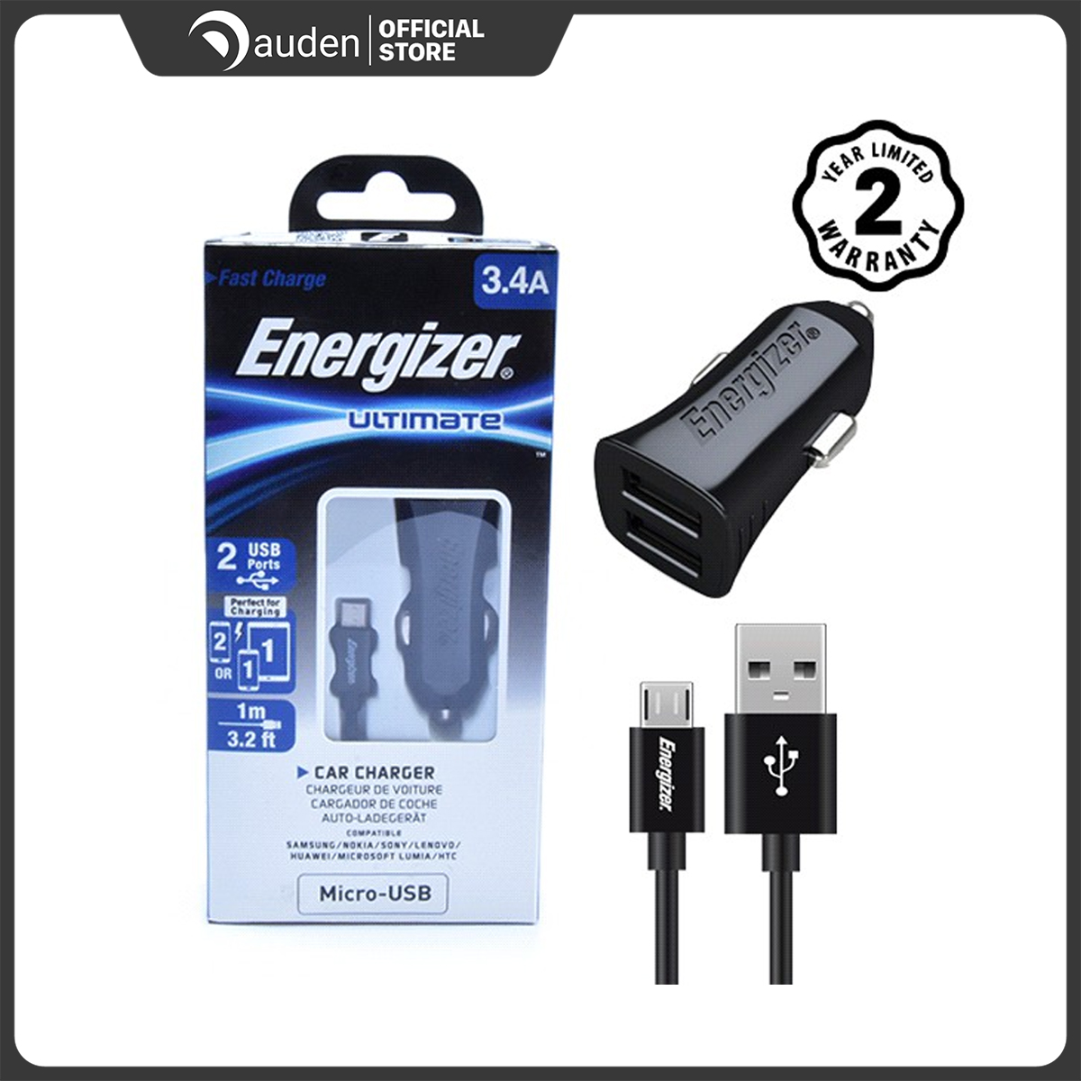 Bộ sạc ô tô energizer 3.4a 2 cổng usb - kèm 1 cáp micro usb
