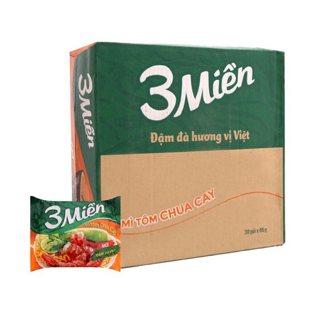 Mì ăn liền 3 miền tôm chua cay thùng 30 gói x 65g/gói