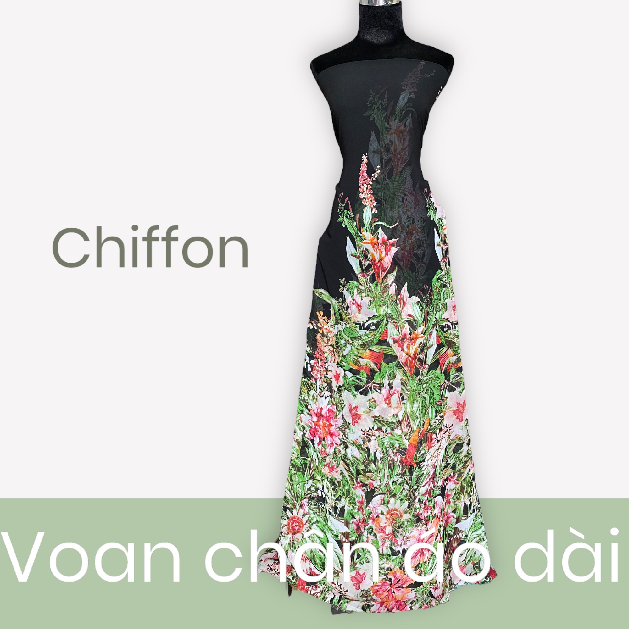 Vải voan chiffon hoa chân nền xanh may áo dài - đầm MS3404