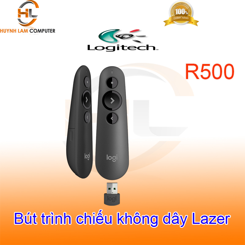 Bút trình chiếu logitech r500, đèn laze đỏ, các nút bấm lập trình được bluetooth & kết nối không dây 2.4ghz phạm vi 20m, laze loại 2, usb dongle