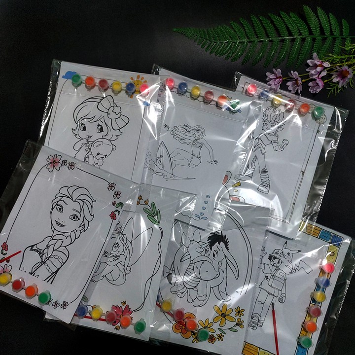 Tranh tô màu, combo 5 bộ Tranh tô màu A4 (1 bộ 2 tranh(20x30cm) + 6 màu nước), tranh giấy mỹ thuật, đồ chơi cho bé