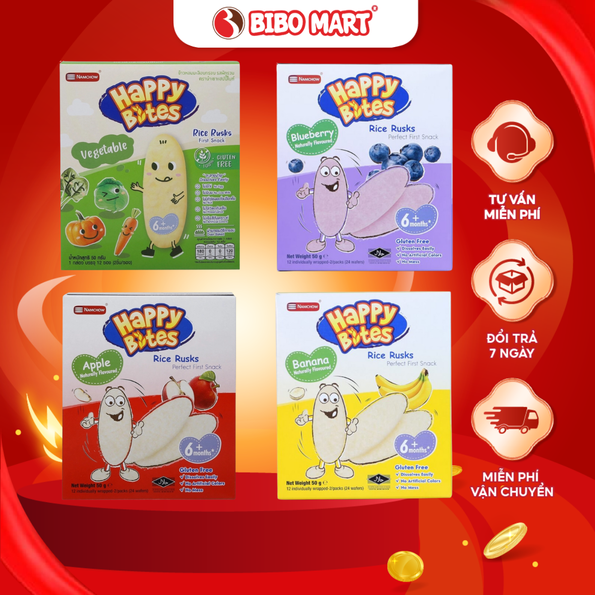 Bánh Gạo Ăn Dặm Happy Bites Giòn Xốp Dễ Tan Cho Bé Từ 6 Tháng Đủ Vị - Bibo Mart