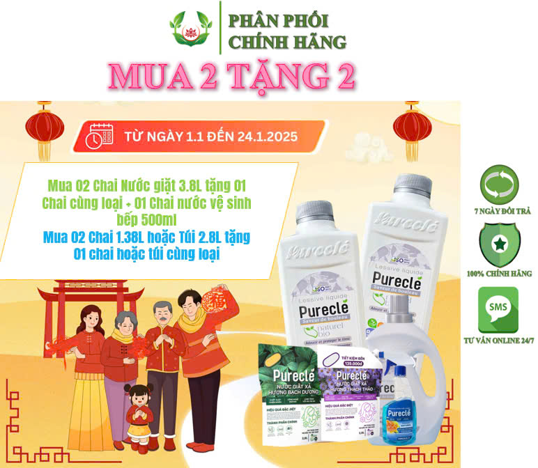 Nước giặt xả sinh học thảo mộc hữu cơ organic đa năng Purecle loại bỏ mọi vết bẩn,bền màu,mềm vải,chống nhăn, dưỡng da