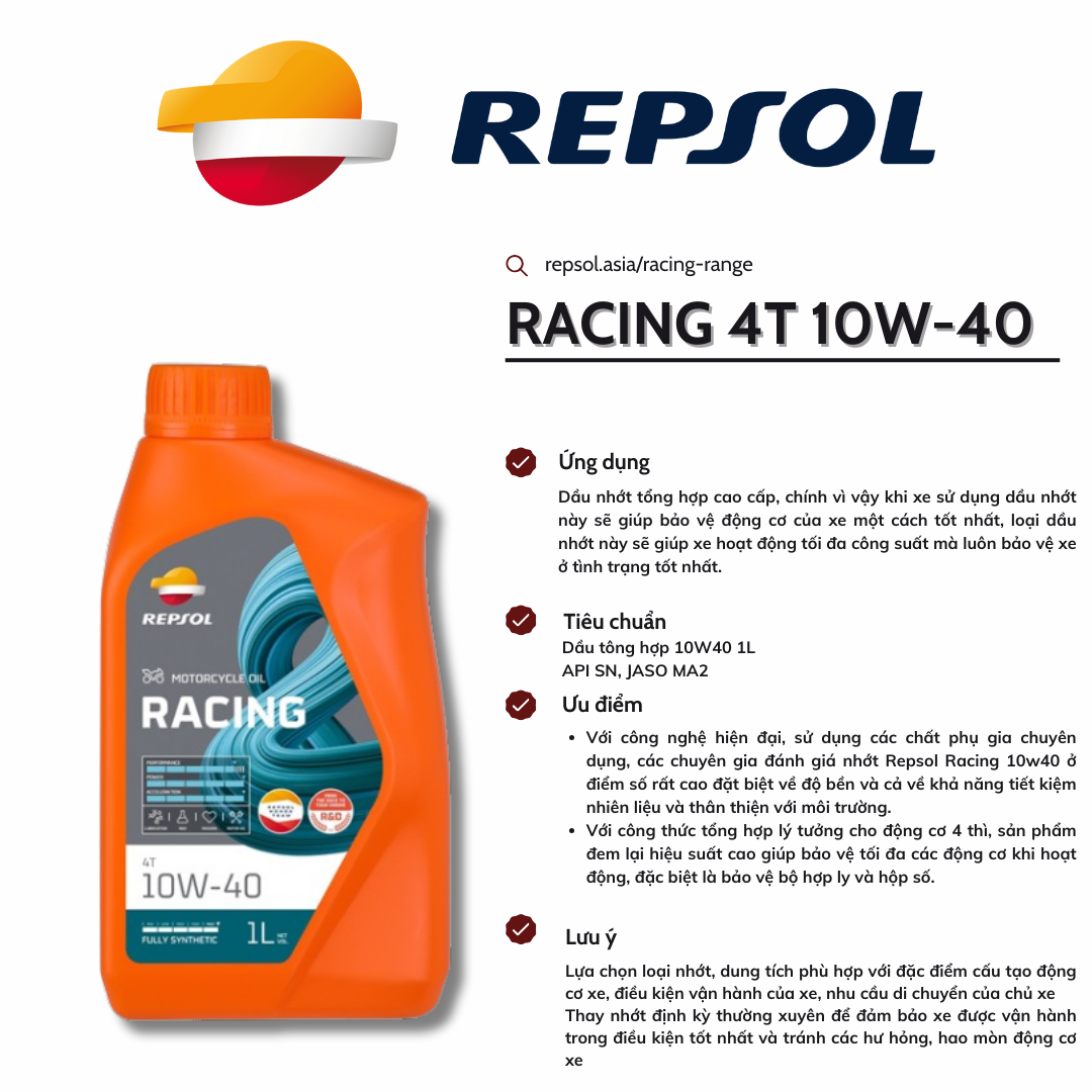Dầu nhớt Repsol Racing 4T 10W40 cho động cơ xe máy 4 thì