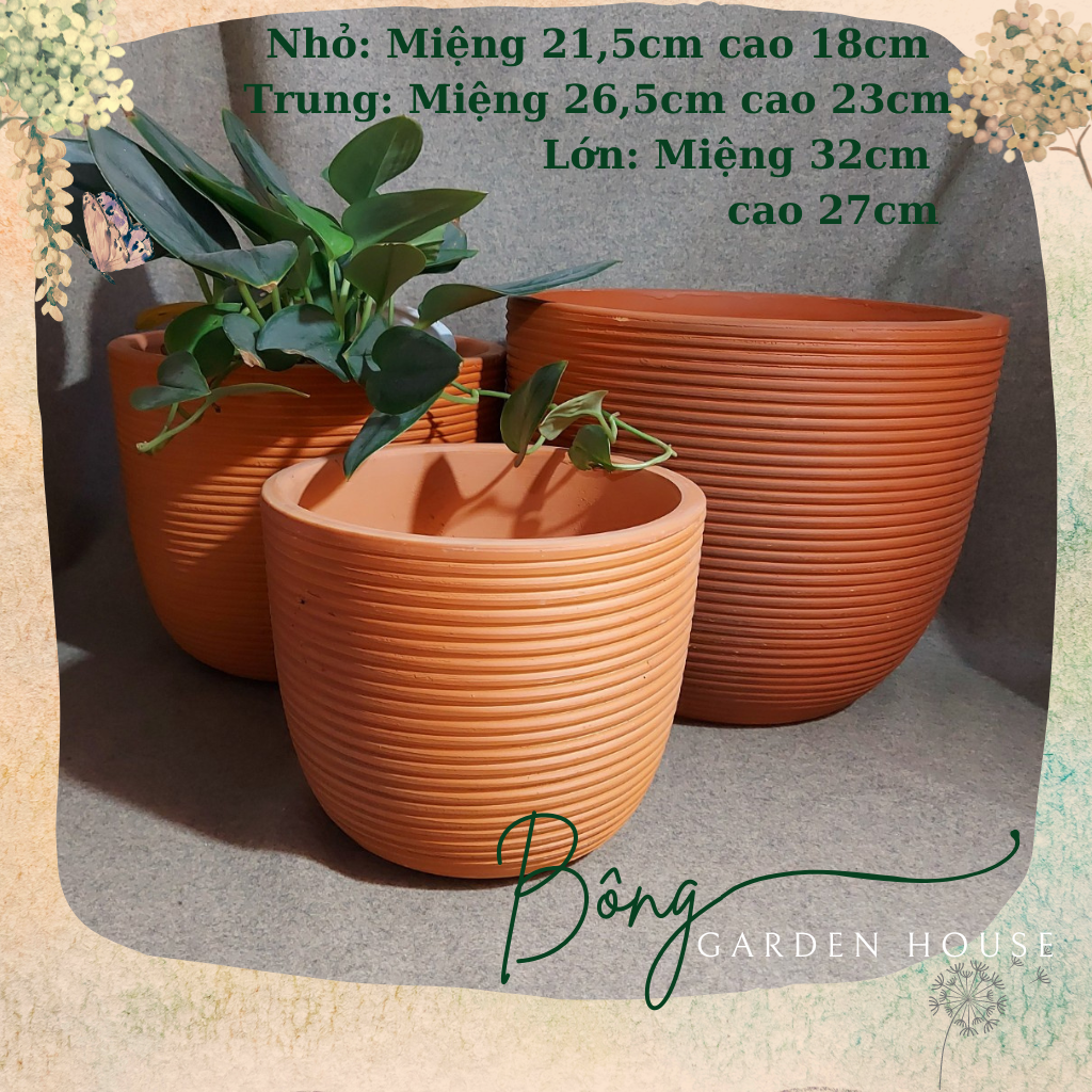 Chậu trồng cây, Chậu đất nung kẻ sọc bầu trứng size lớn Bông Garden trồng cây cảnh các loại