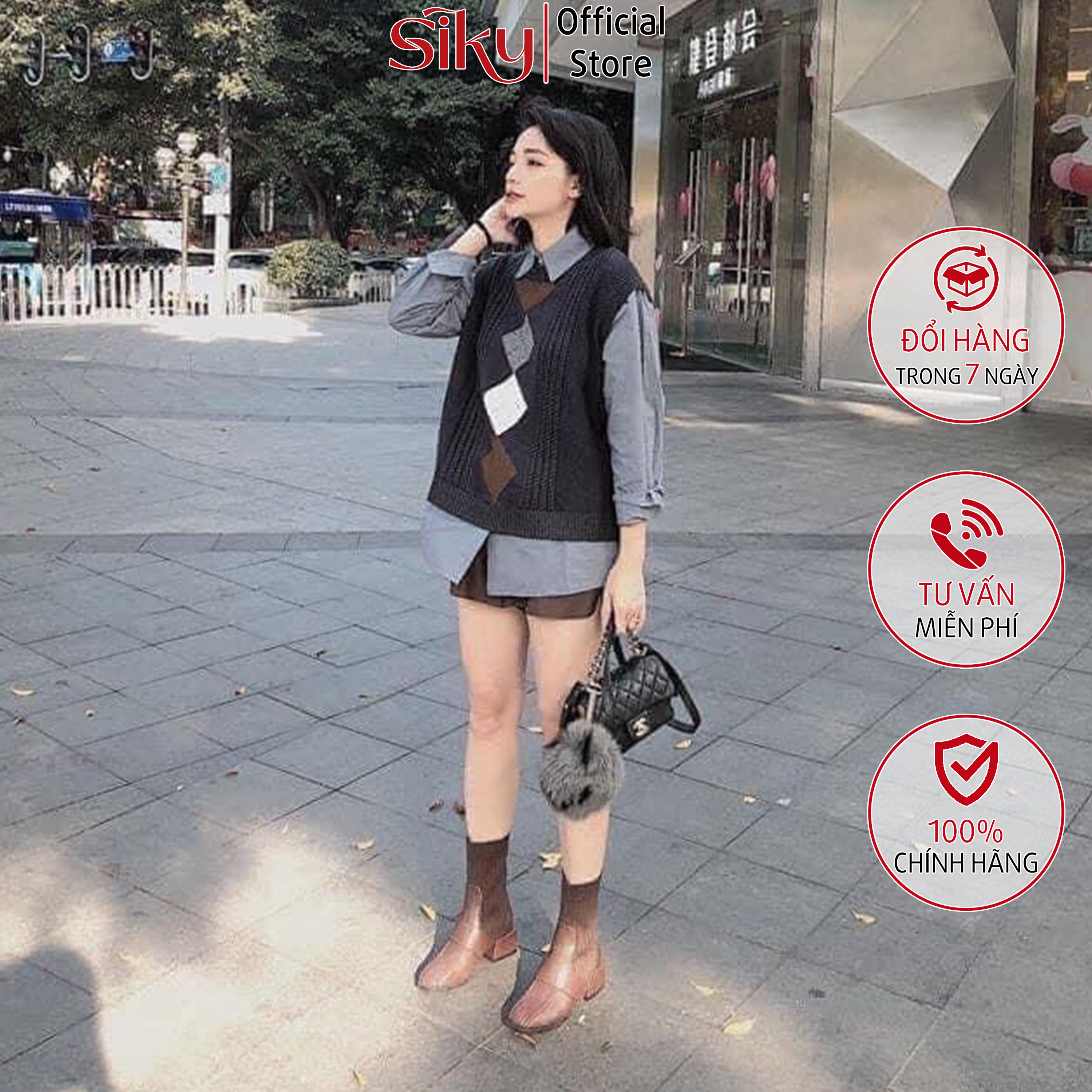 Áo gile nữ SIKY cổ tròn chất len dày dặn siêu xinh - Len11