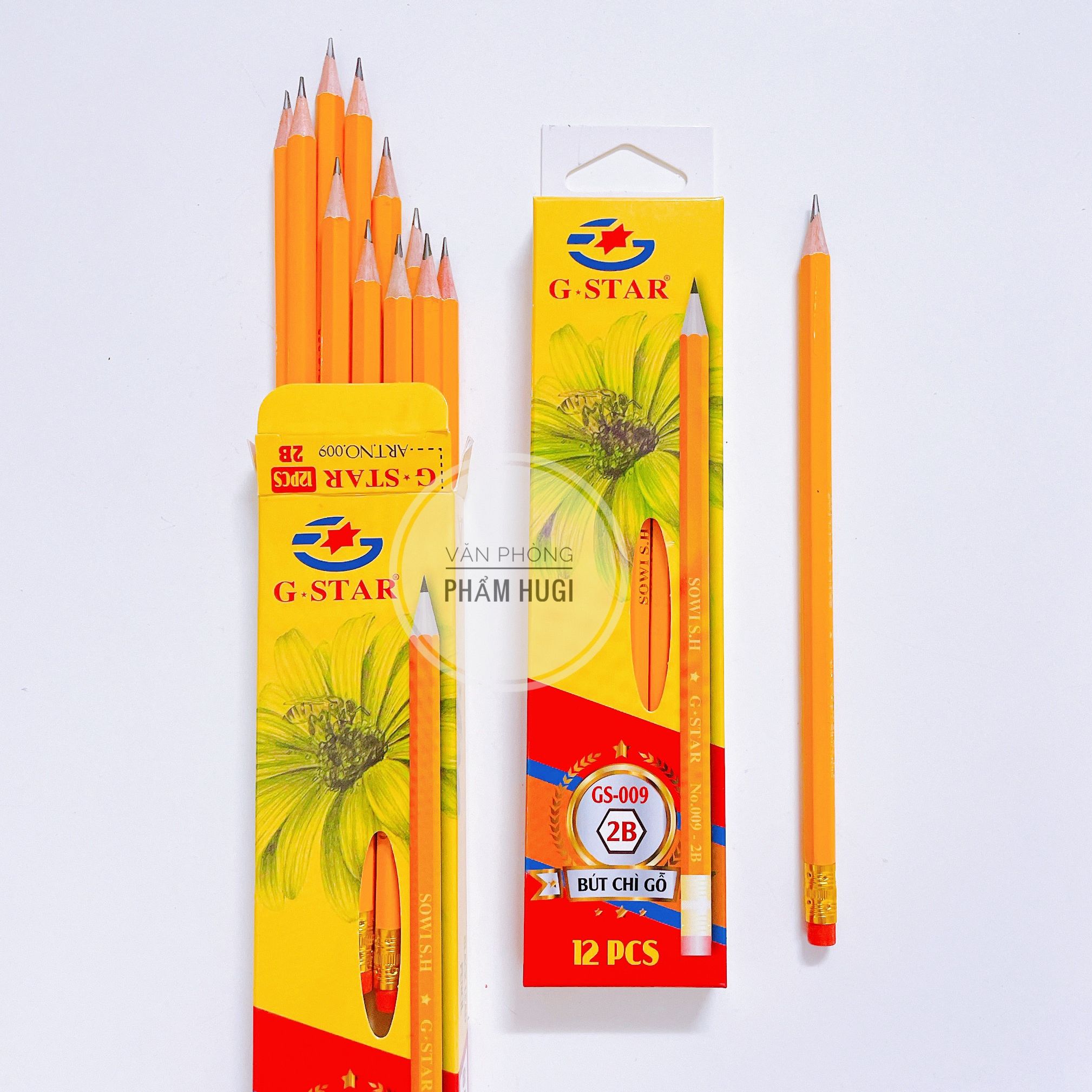Hộp 12 cây bút chì đen ngòi 2B Gstar 009 (loại tốt) thân vàng