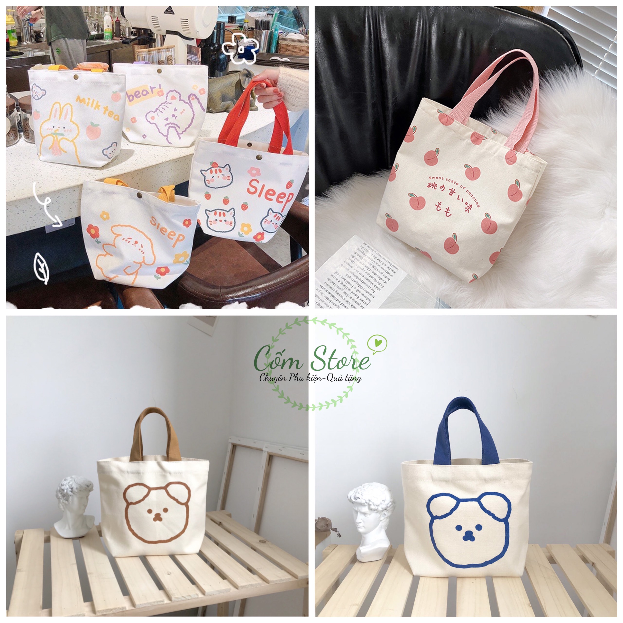 Túi tote, túi vải xách tay mini hoạ tiết gấu xinh và quả đào dễ thương dành cho nữ