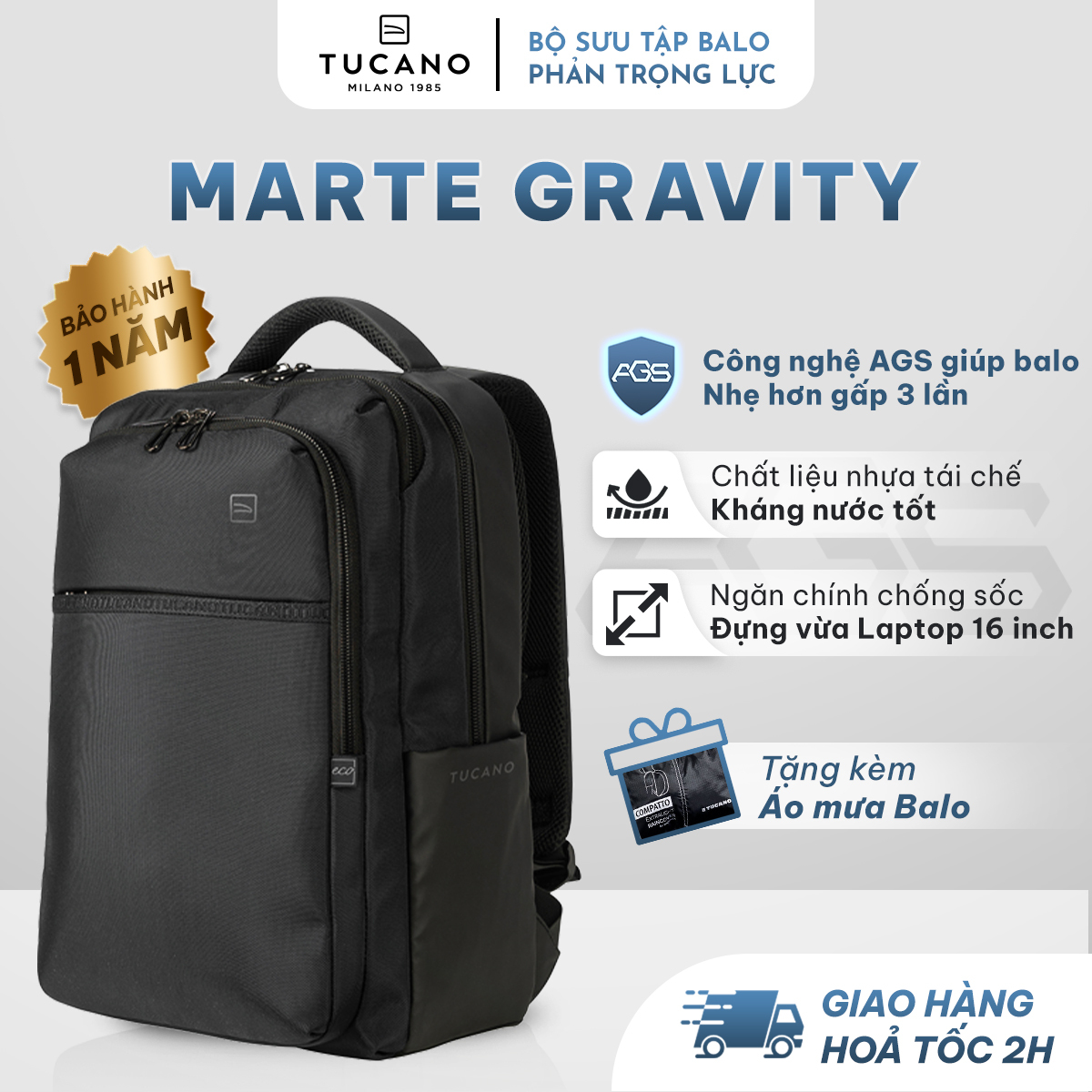 Balo Laptop Nam Nữ Cao Cấp AGS MARTE GRAVITY Tucano 16 Inch - Giảm 75% Trọng Lực Trên Vai, Chất Liệu Nylon Chống Nước Tốt