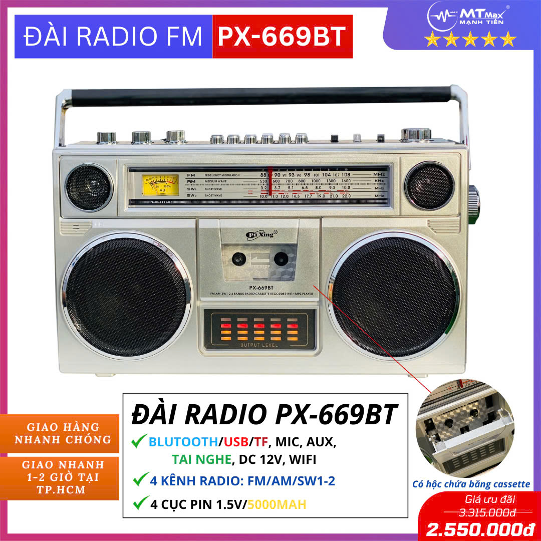 TẶNG NGAY USB NGHE NHẠC KHI MUA Đài Caset Đài Radio PX-669BT Sự Kết Hợp Tuyệt Vời Giữa Cổ Điển Và Hiện Đại kết nối đa dạng có học đựng băng nghe nhạc cực kì dễ sử dụng làm quà tặng ông bà cha mẹ quà lưu niệm