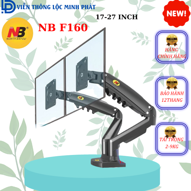 Giá treo hai màn hình máy tính nb f160 17-27 inch, tải trọng 9kg mỗi bên, mẫu mới nhất 2023