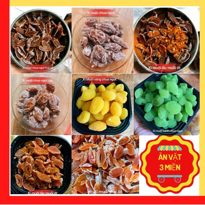 Xí muội không hạt, Xí muội xanh, Xí muội vàng, Xí muội đào đỏ, Xí muội thái lát, Xí muội chua ngọt, Xí muội chua cay