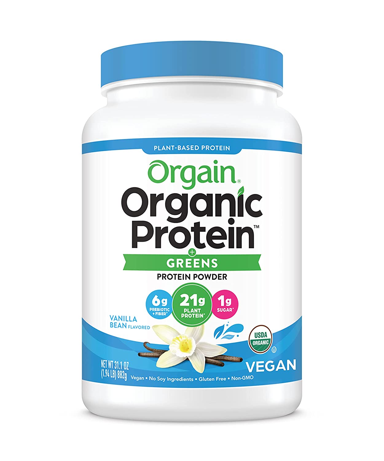 Bột Đam/Protein hữu cơ bổ sung thực phẩm xanh Orgain Organic Protein & Greens, Vanilla Bean 882g