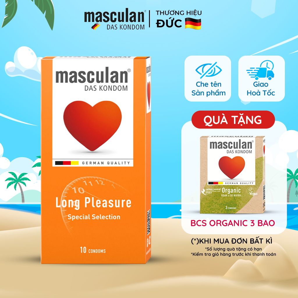 Bao cao su kéo dài thời gian Masculan Long Pleasure - Có gân và chấm hạt liti tăng khoái cảm - Bao cao su size 52mm sản xuất theo tiêu chuẩn Đức - Che tên sản phẩm khi giao hàng