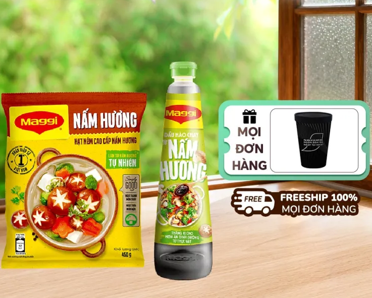 COMBO MIX VỊ MAGGI: Dầu Hào MAGGI Nấm Hương chai 820g + 1 Hạt nêm cao cấp MAGGI Nấm Hương gói 450g