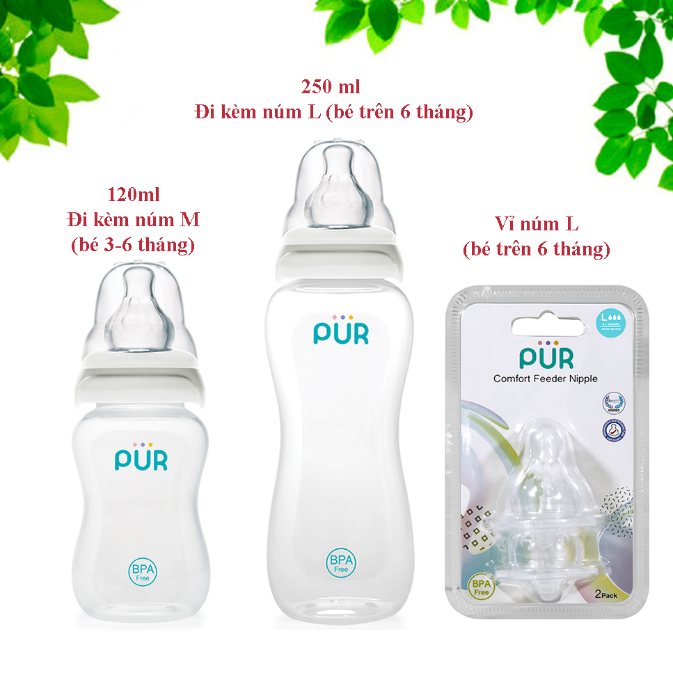 Combo 2 bình sữa Pur Comfort Feeder 120ml 250ml và vỉ núm L có van chữ V chống đầy hơi độc đáo, đồng thời làm dòng sữa chảy đều