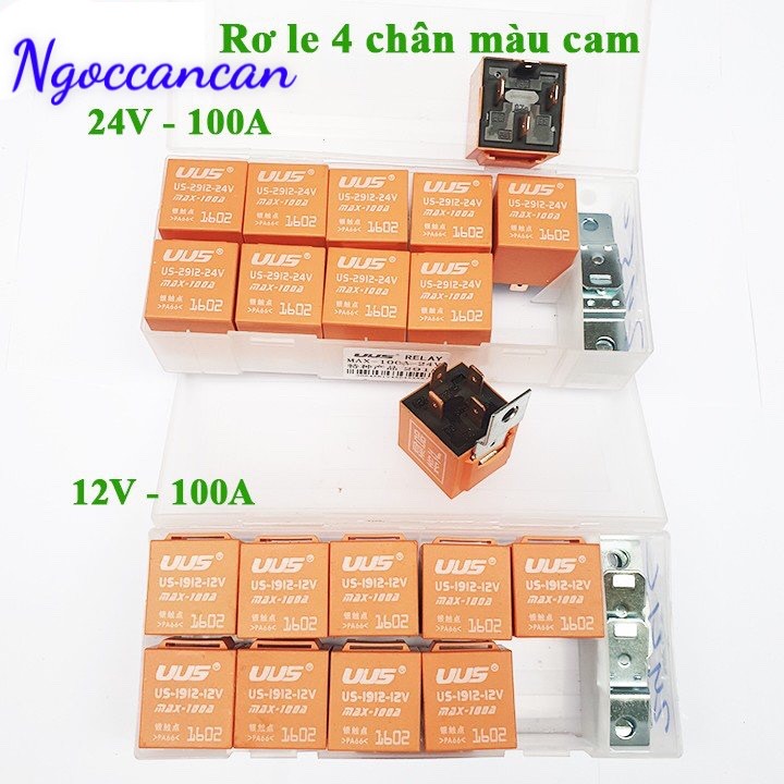 Hộp 10 rơ le 4 chân 12v 100a hoặc 24v 100a màu cam