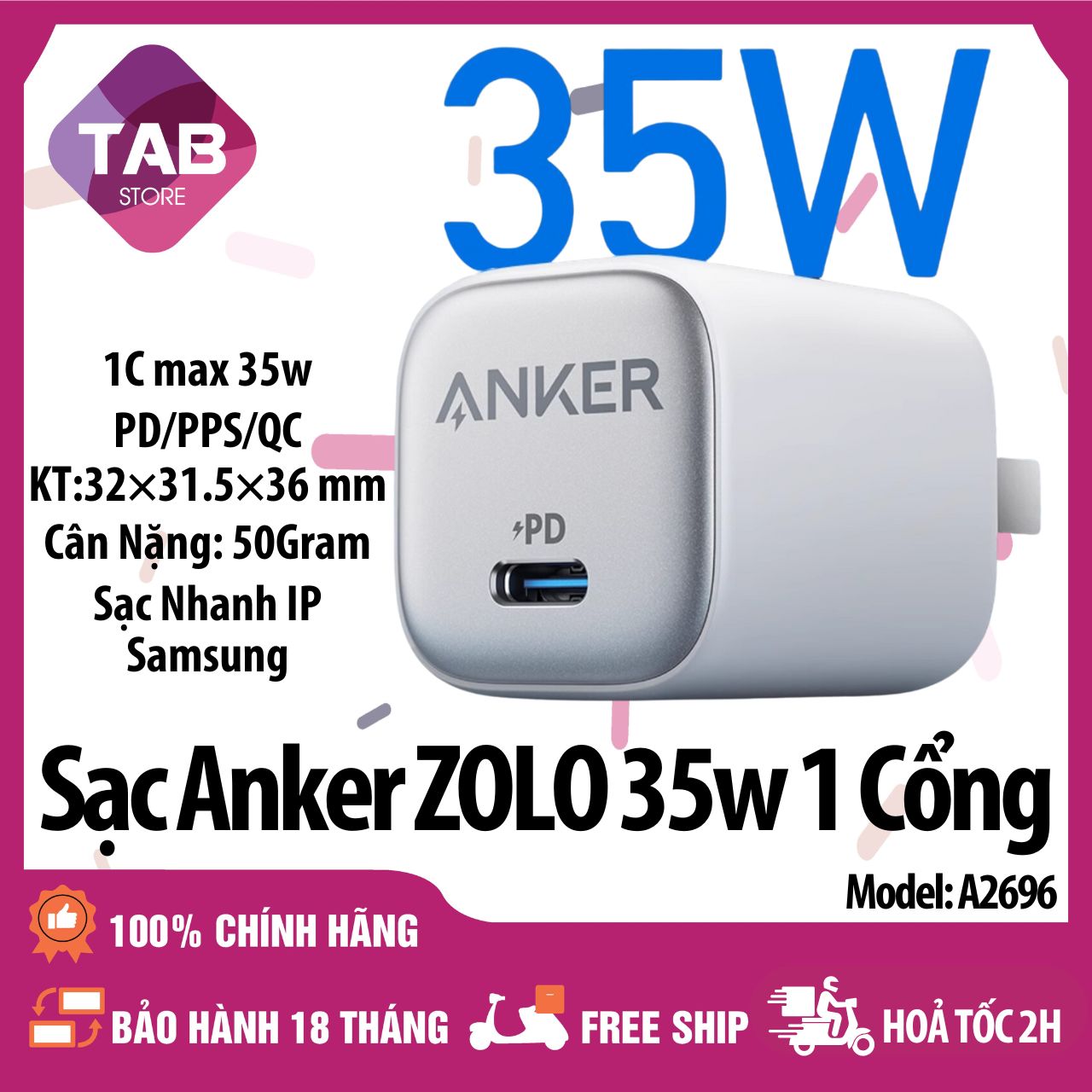 Củ Sạc Anker ZOLO 35w PD/PPS/QC Sạc Nhanh - A2696 (Bảo Hành 18T)
