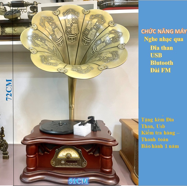 BỘ MÁY PHÁT NHẠC LOA KÈN ĐỒNG (cao cấp nghe nhạc đĩa than, USB, Bluetooth và đài FM (51x44x72)