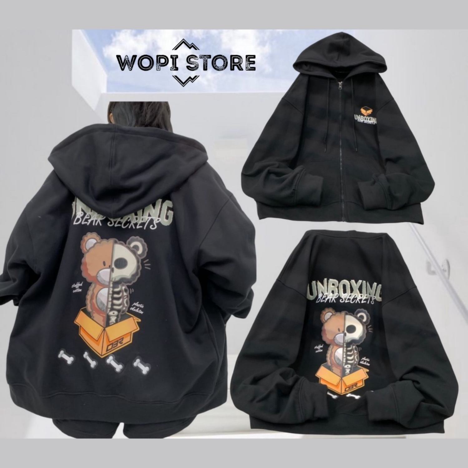Áo Khoác Hoodie UNBOXING Form Rộng Phối Dây Kéo Vải Nỉ Bông Phong Cách Ulzzang Unisex