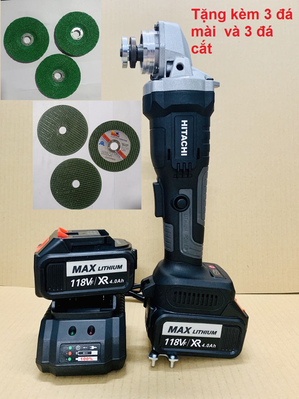 Máy mài pin HITACH 118Vf không chổi than - tặngđá mài, đá cắt - máy cắt cầm tay - pin 10 cell - lõi đồng