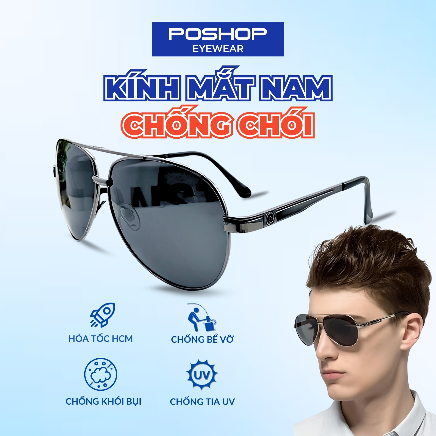 Kính mát nam POSHOP gọng titan tròng phân cực chống chói uv400 thời trang ITALIA cao cấp M3