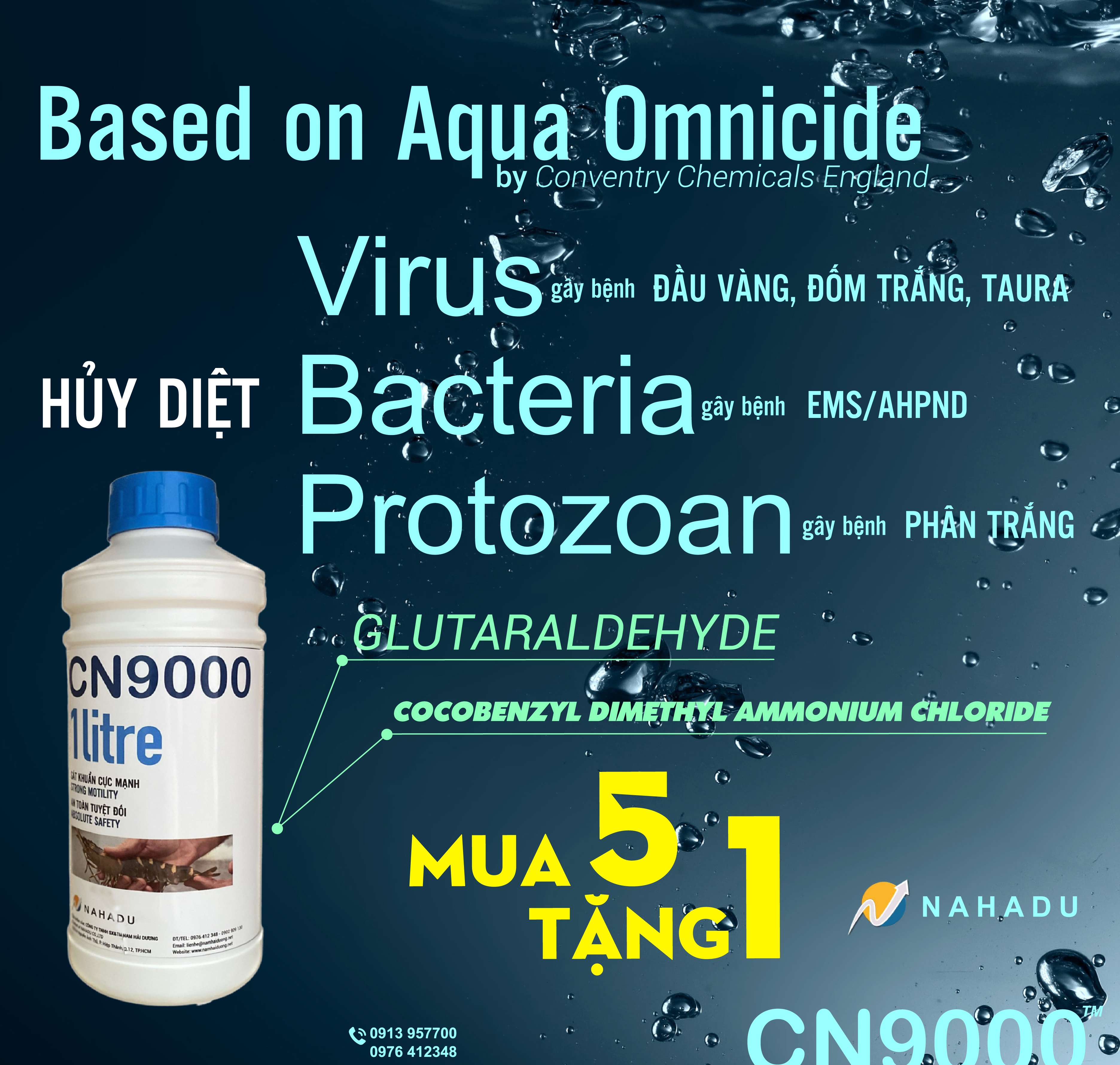Sát trùng diệt khuẩn nước cho Tôm, Cá phổ rộng CN9000 - Glutaraldehyde - 1KG