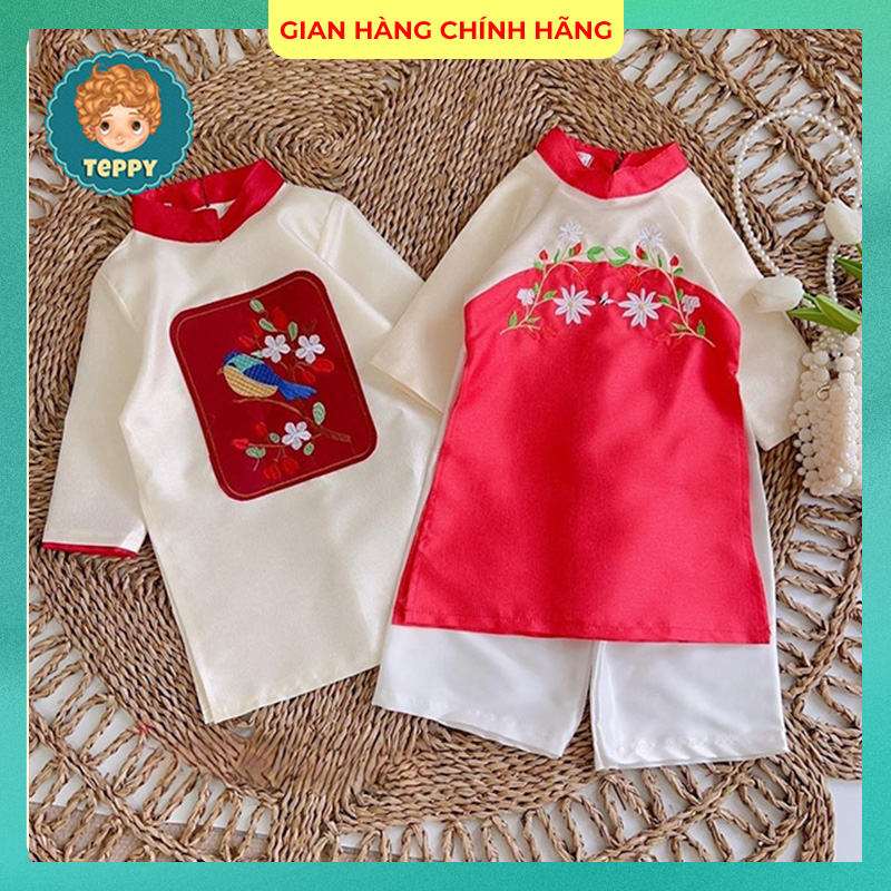 Áo dài thêu tỉ mỉ cho bé trai, bé gái chất liệu vải nhũ