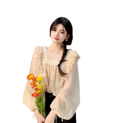 Áo kiểu nữ vải voan  tay dài phồng cổ  viền ren  thời trang mới  Av0143