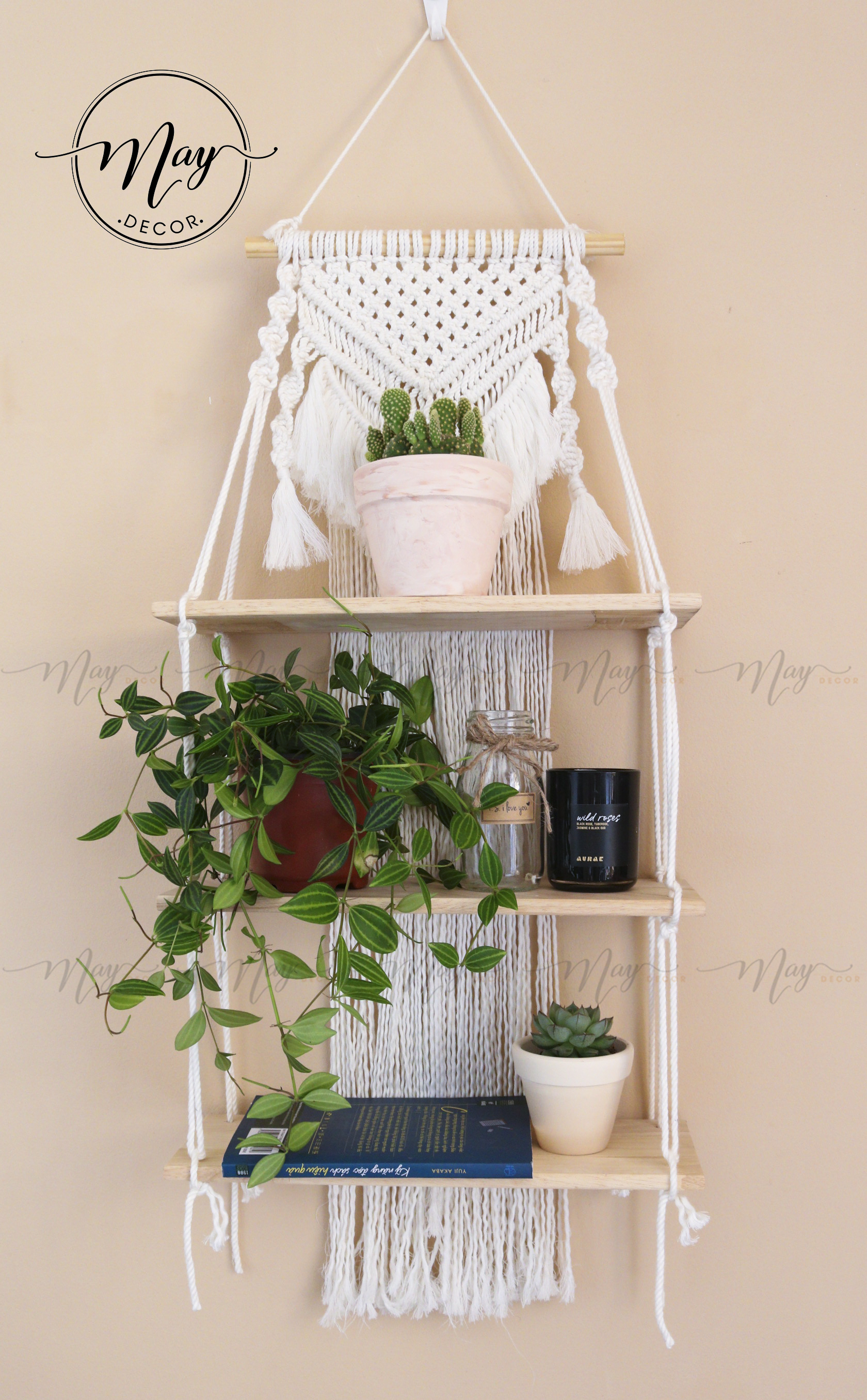 Kệ gỗ treo tường - Kệ macrame 3 tầng ván gỗ 39x12cm