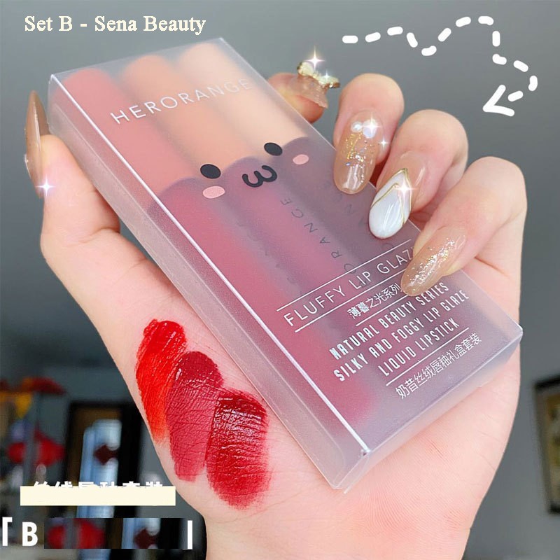 Set 3 cây son kem lì Herorange Fluffy Lip Glaze Senabeauty