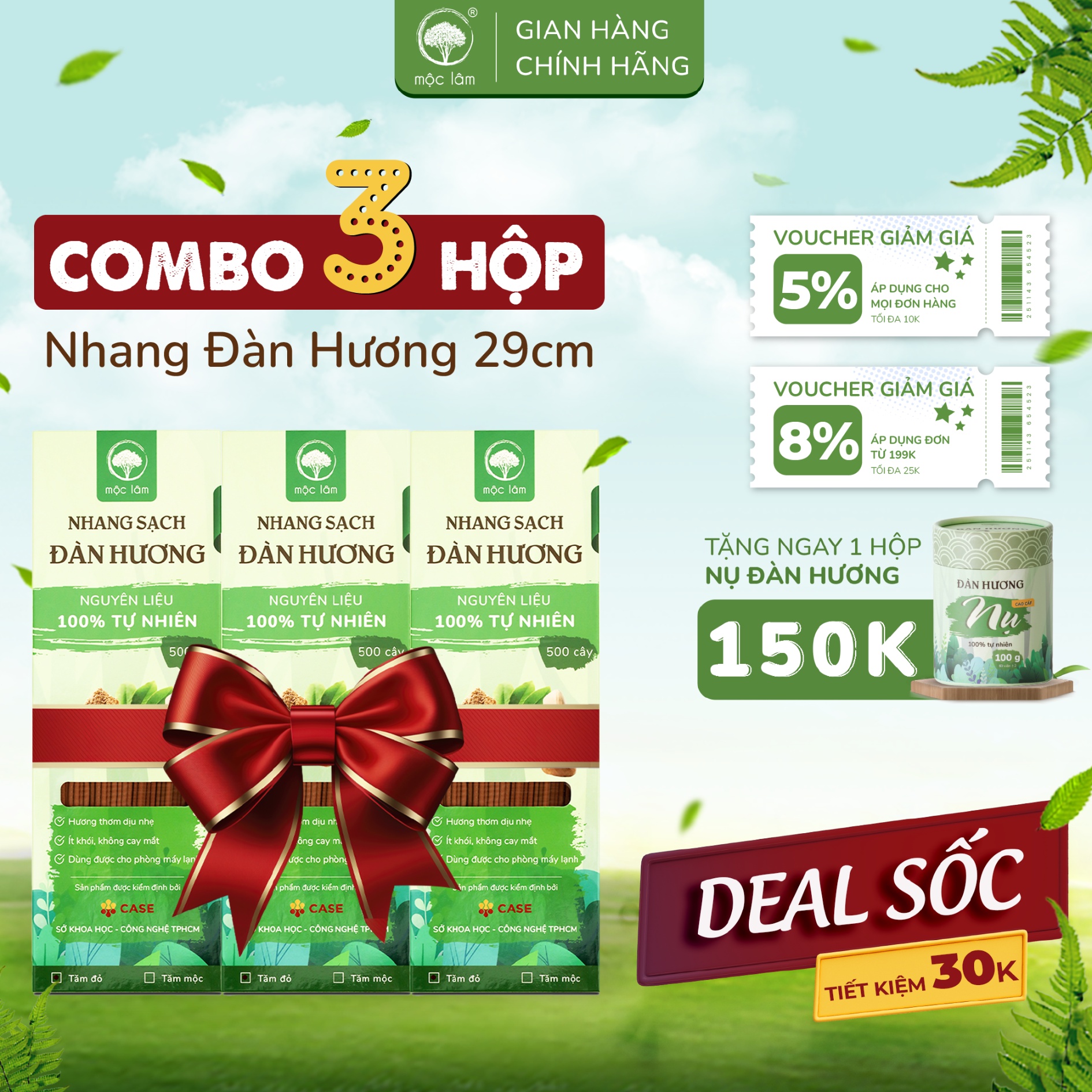 [COMBO] 3HỘP Nhang Sạch Đàn Hương 1500cây - 29cm  - TIẾT KIỆM 30K - Nhang thiên nhiên MỘC LÂM