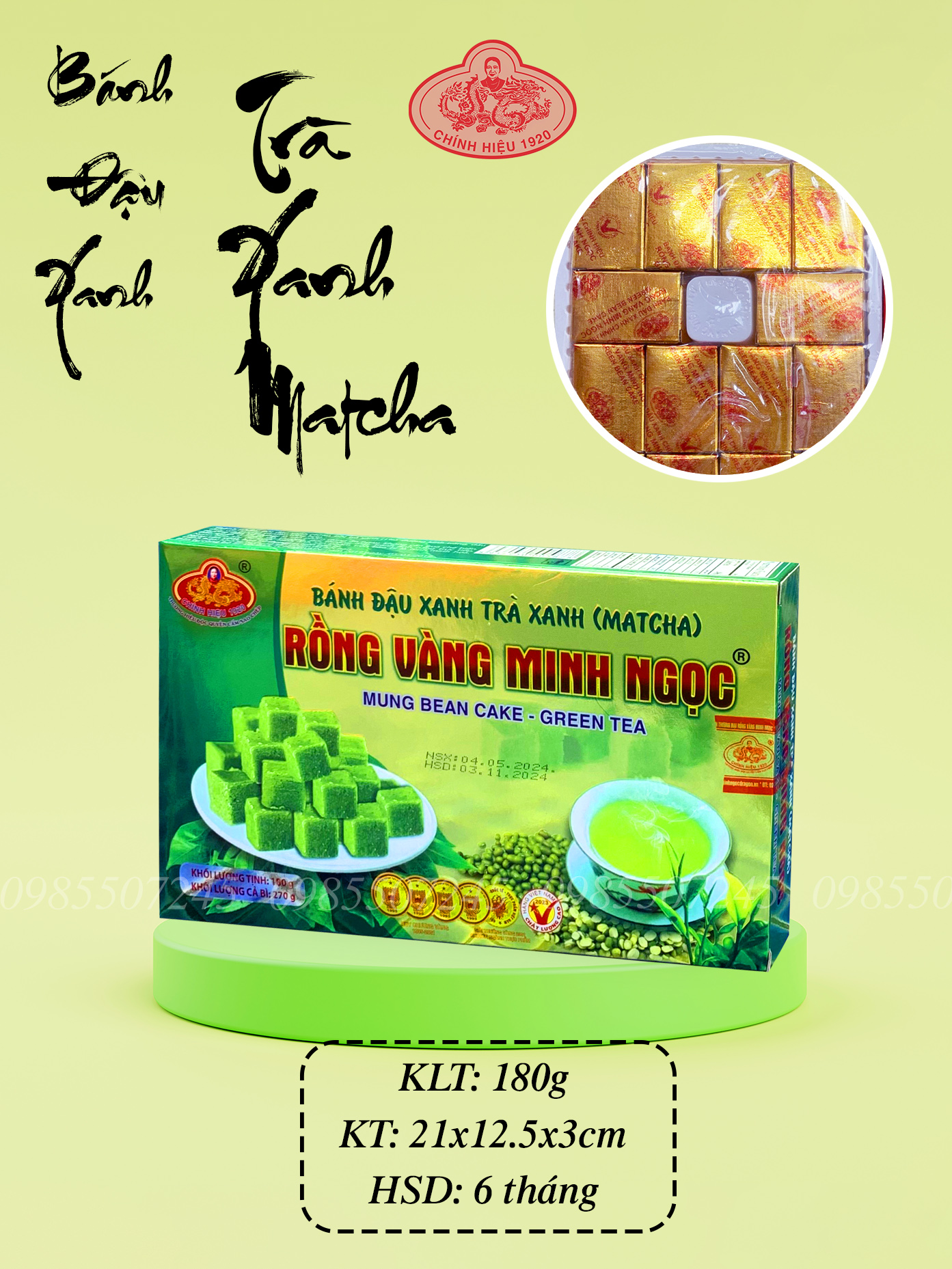 Bánh đậu xanh rồng vàng Minh Ngọc vị trà xanh 180g