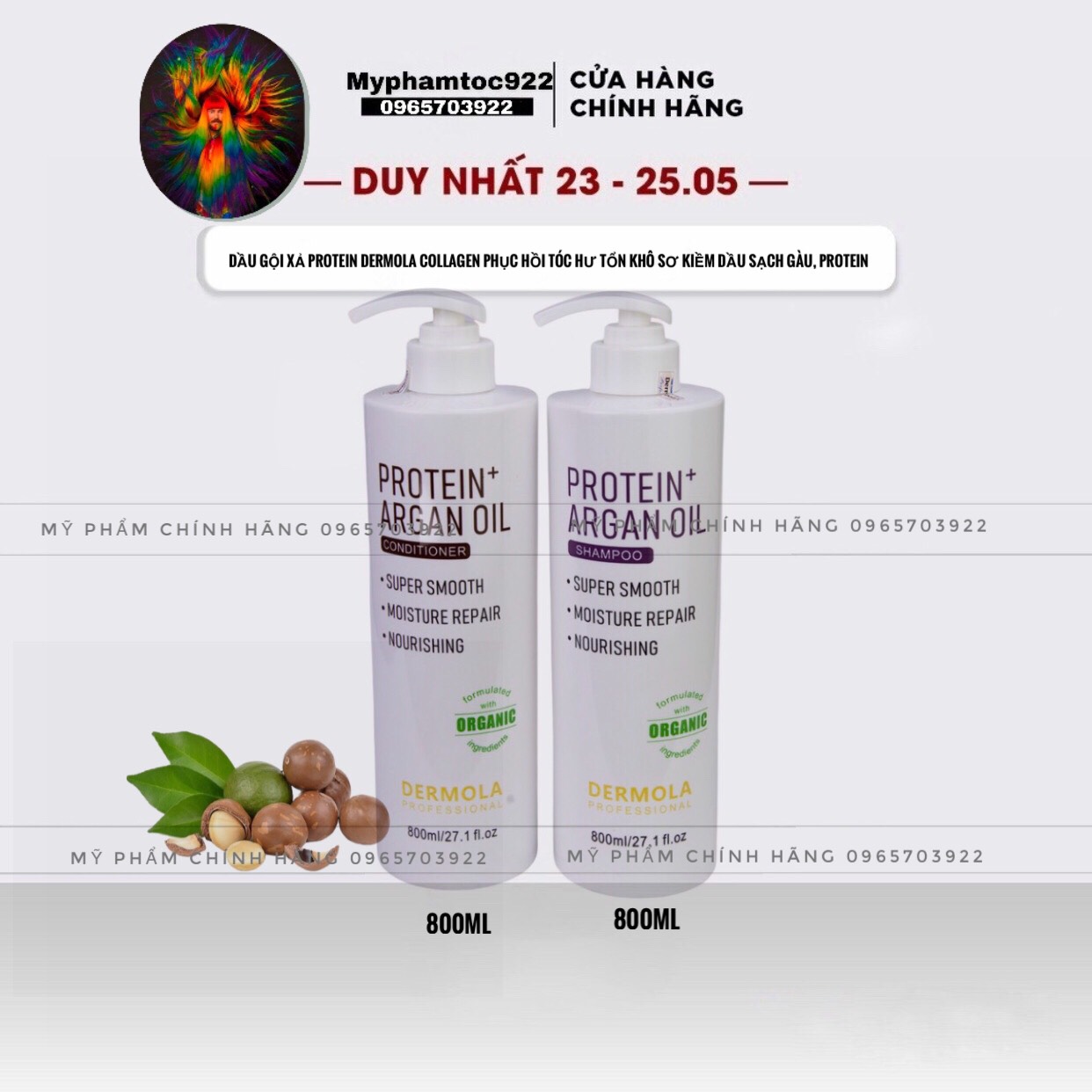 Dầu gội PROTEIN DERMOLA collagen phục hồi tóc hư tổn khô sơ kiềm dầu sạch gàu, cặp gội xả protein chính hãng 800ml