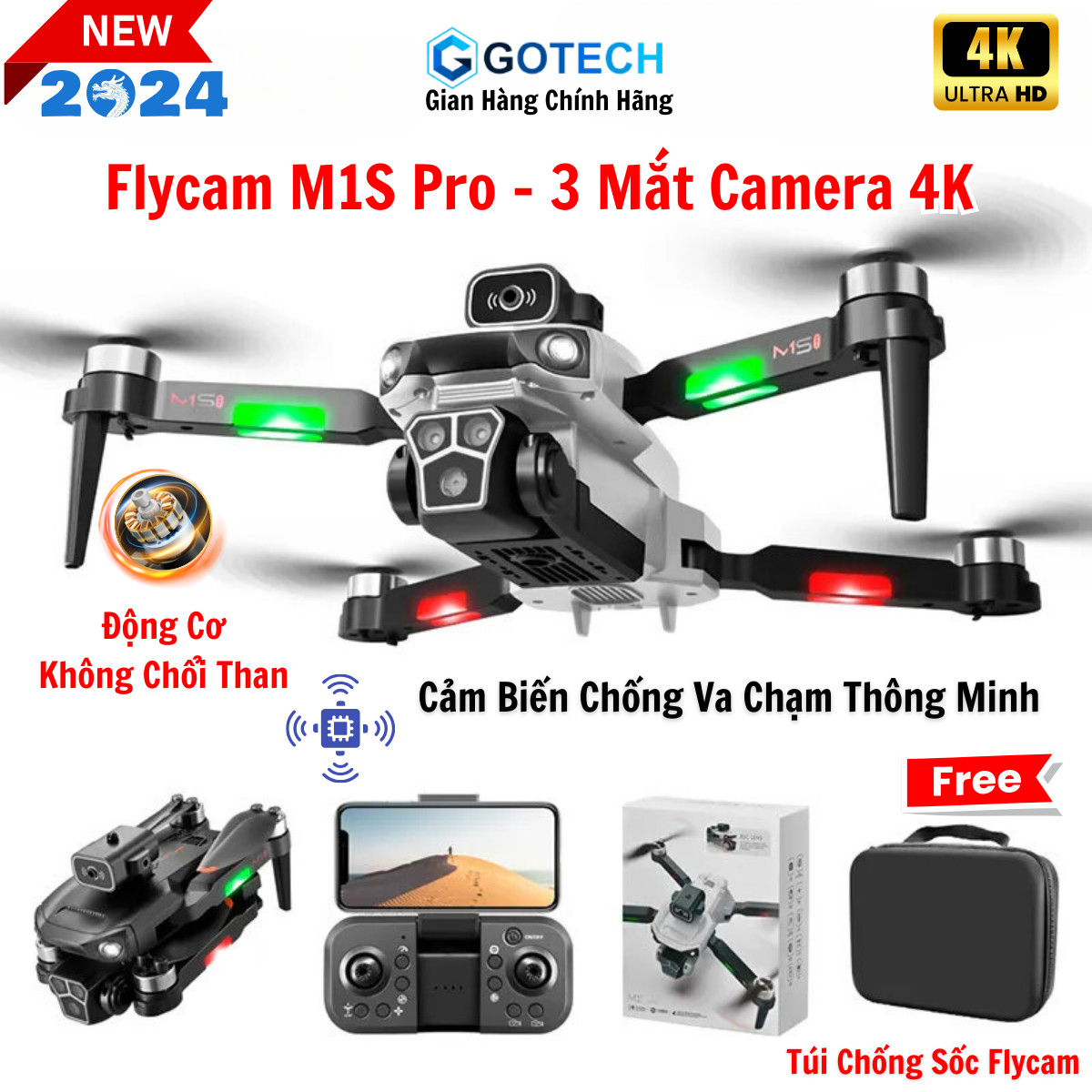 Flycam mini 4k full HD M1s có 3 camera, Máy bay điều khiển từ xa 4 cánh, Phờ lai cam giá rẻ, Máy bay camera cao cấp, cảm biển chống va chạm, tầm bay 500m, pin trâu 25 phút