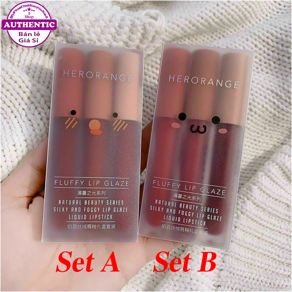 Son Kem Lì HERORANGE Siêu Xinh Mềm - Mịn Mượt - Lâu Trôi - An Toàn Fluffy Lip Glaze SET 3 Cây - Set A & B - Hàng AUTH
